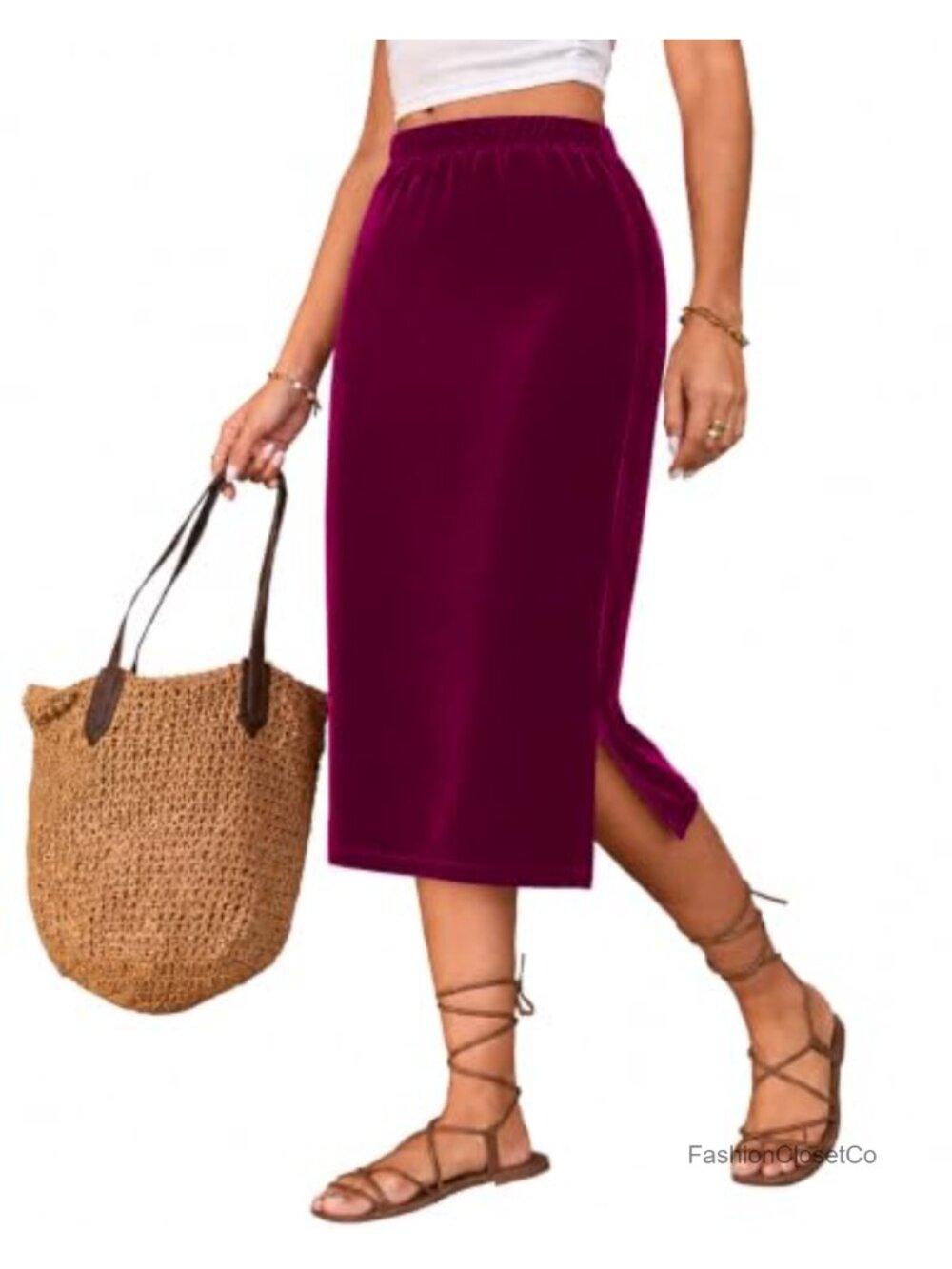 Velvet Midi Skirt High Waist Straight Side Slit Women's Fall Winter